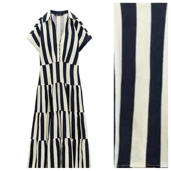 NWT. Zara Navy Blue/Cream Striped Linen Blend Midi Dress. Size L. - Picture 3 of 7